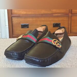 Gucci Donnie Iconic Web Double GG Black Leather Men's Dress Loafers Size 12